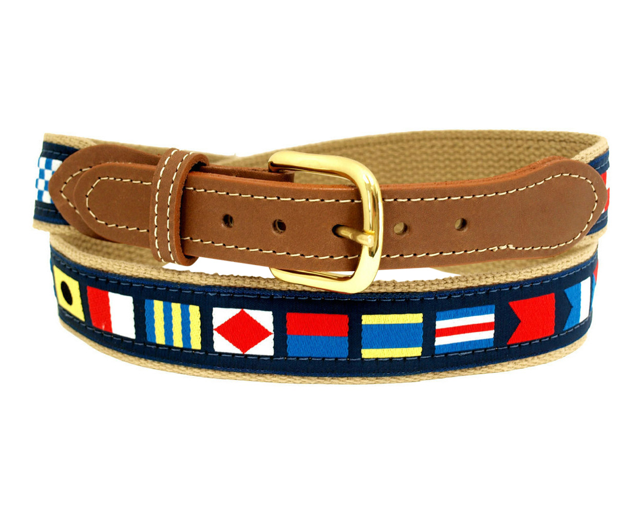 Code Flag on Khaki Webbing, Leather Tip Belt Code Flag on Khaki Webbing, Leather Tip Belt