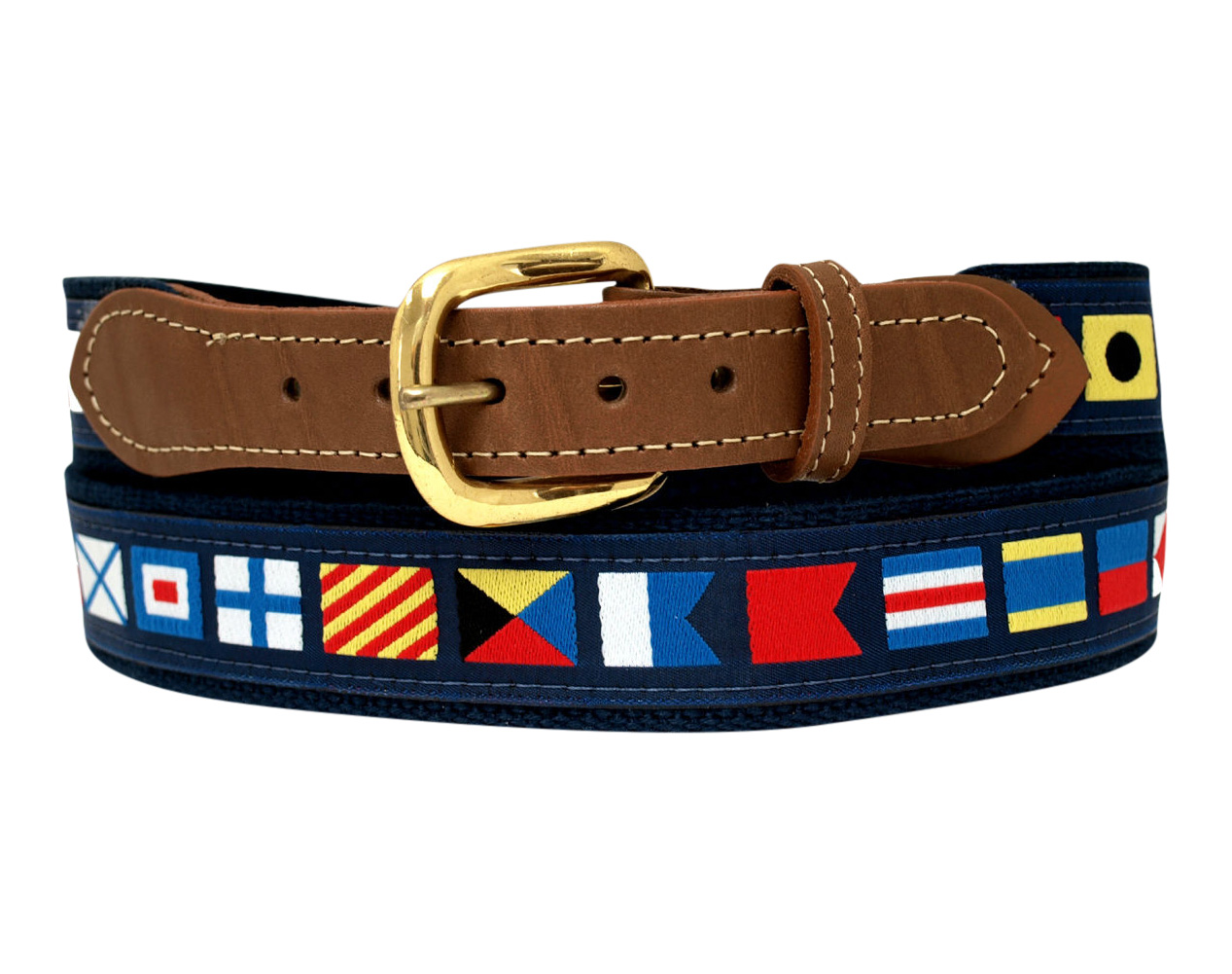 Code Flag on Navy Webbing, Leather Tip Belt Code Flag on Navy Webbing, Leather Tip Belt