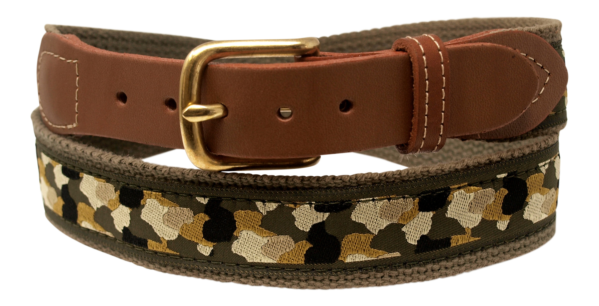 Camo Belt, Leather Tip, Brass Buckle on olive drab webbing Camo Belt, Leather Tip, Brass Buckle on olive drab webbing