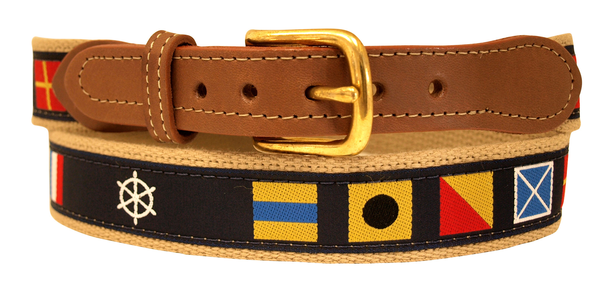 Code Flag and Ships Wheel on Khaki Leather Tip Belt Code Flag and Ships Wheel on Khaki Leather Tip Belt