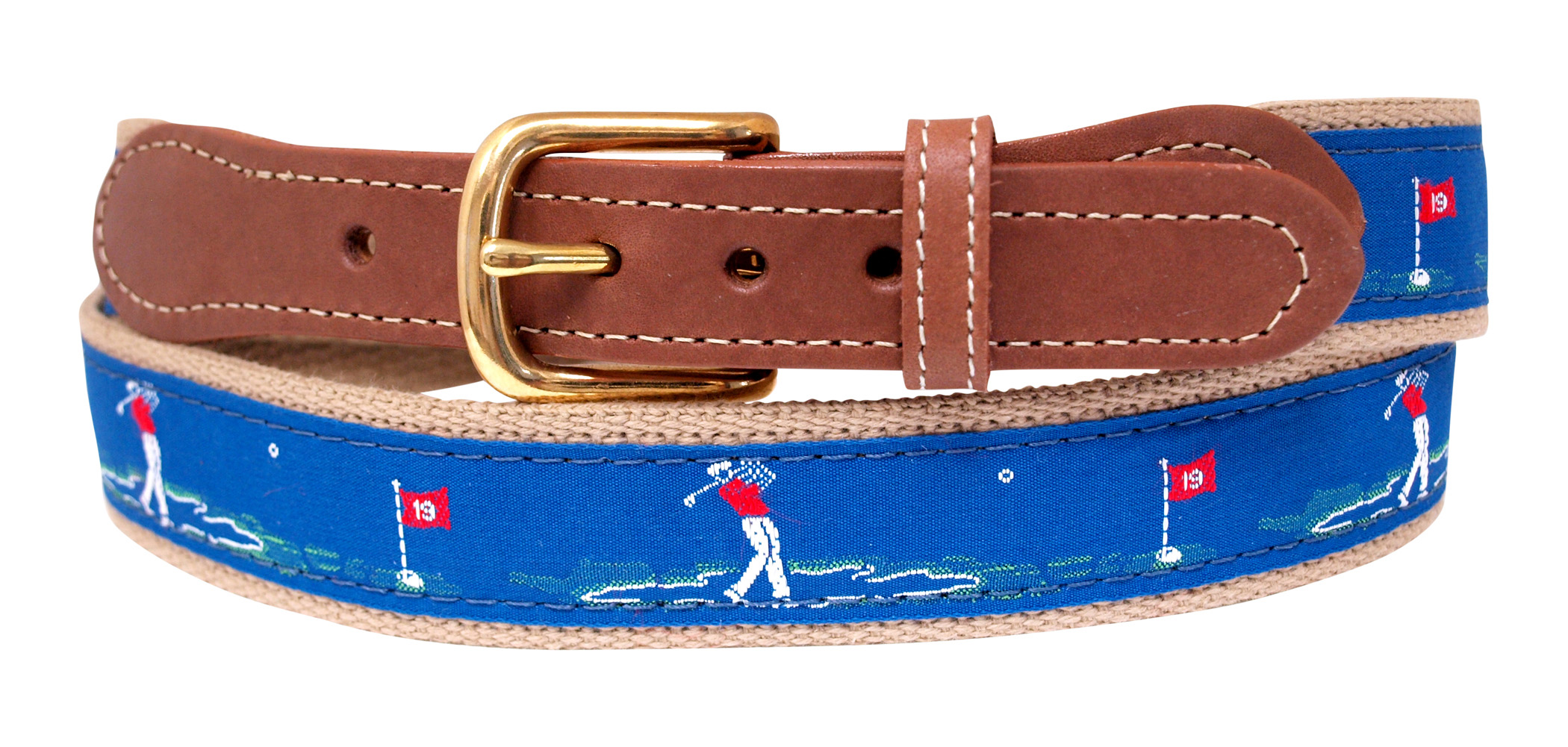 Golfer Belt, Blue Embroidered Ribbon on Khaki Webbing Golfer Belt, Blue Embroidered Ribbon on Khaki Webbing