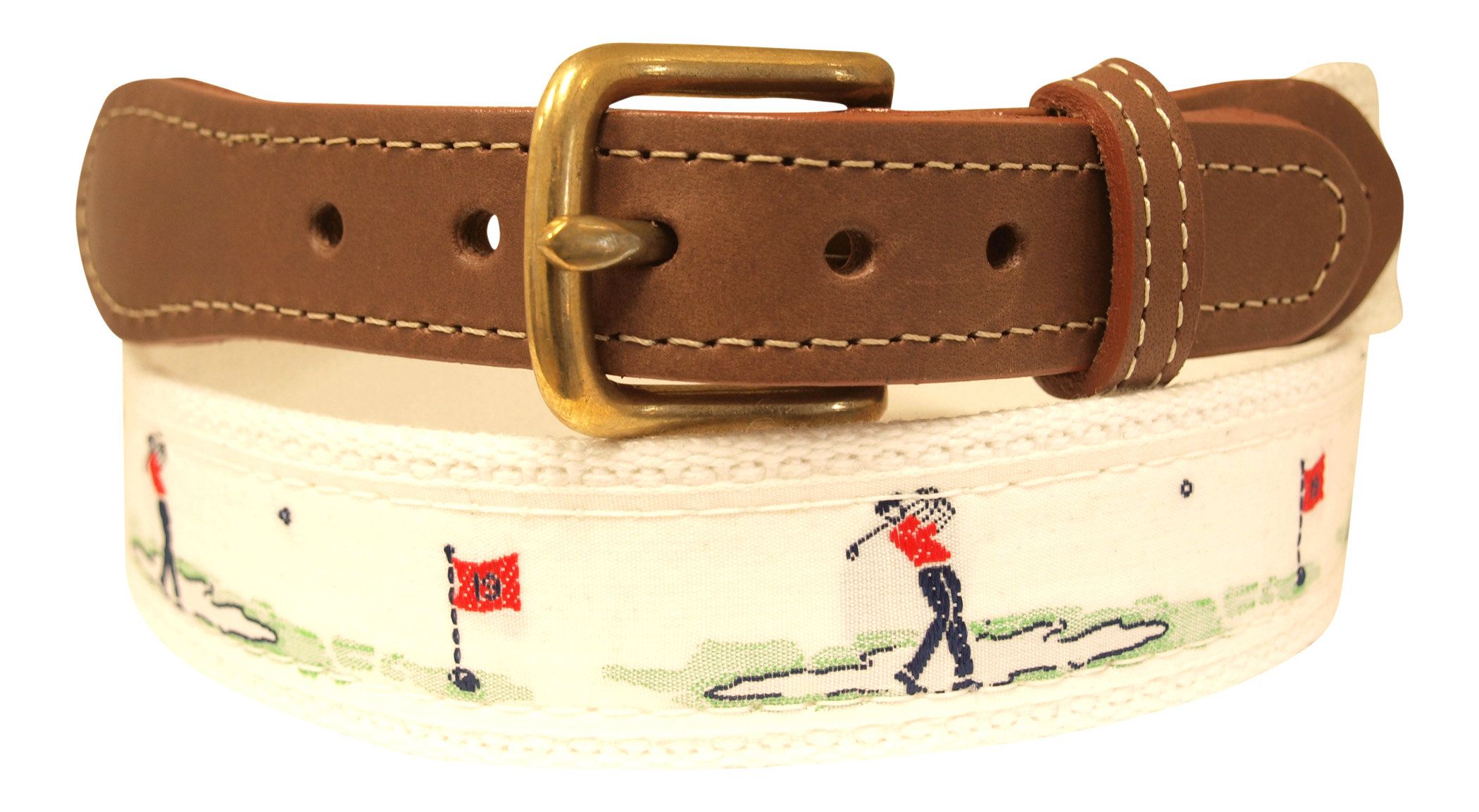 Golfer Belt, White Embroidered Ribbon on White Webbing Golfer Belt, White Embroidered Ribbon on White Webbing