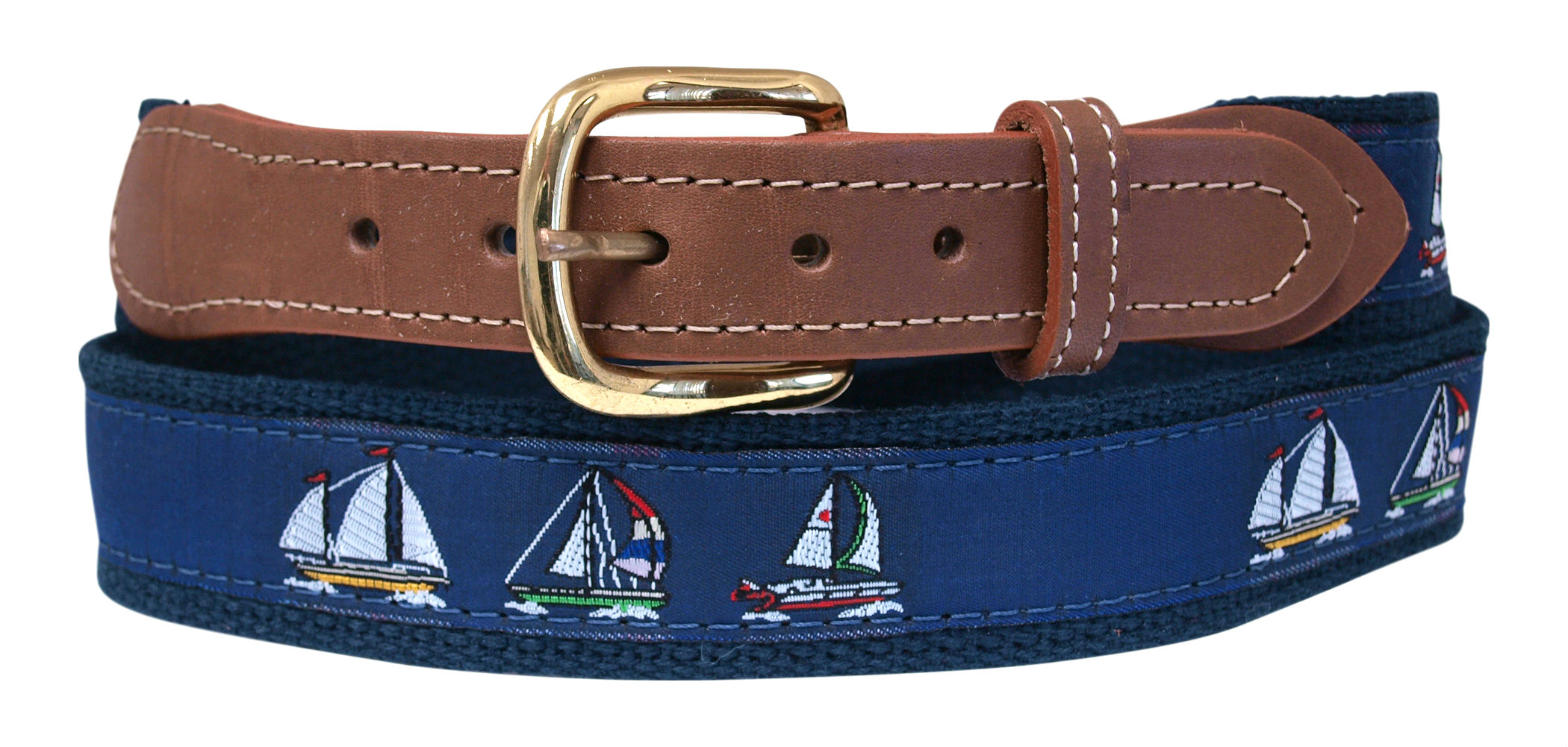 Sailboat, Sloop,on Navy Webbing,Leather Tip Belt Sailboat, Sloop,on Navy Webbing,Leather Tip Belt